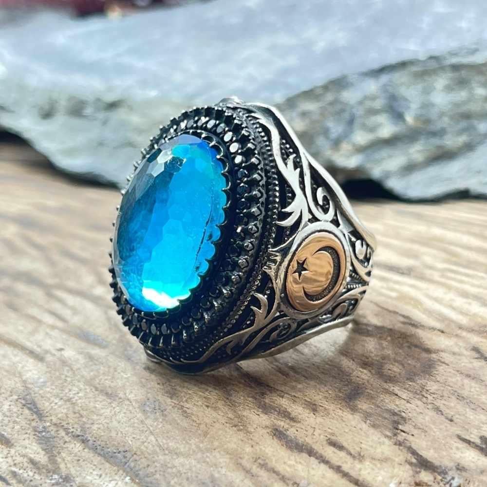 Ay Yıldız Turkuaz Taş İçi Çift Başlı Kartal Gümüş YüzükÇift Başlı Kartal Selçuklu Yüzük