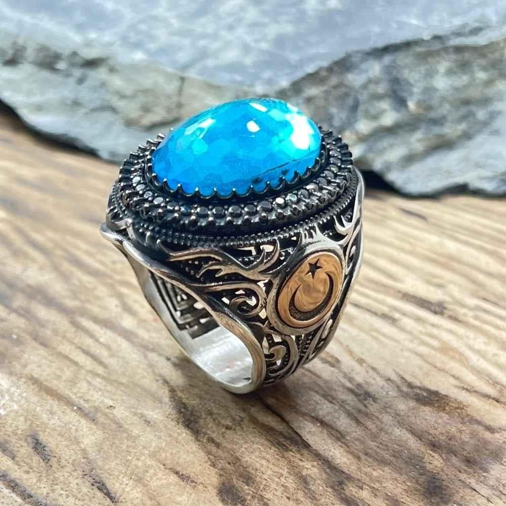 Ay Yıldız Turkuaz Taş İçi Çift Başlı Kartal Gümüş YüzükÇift Başlı Kartal Selçuklu Yüzük