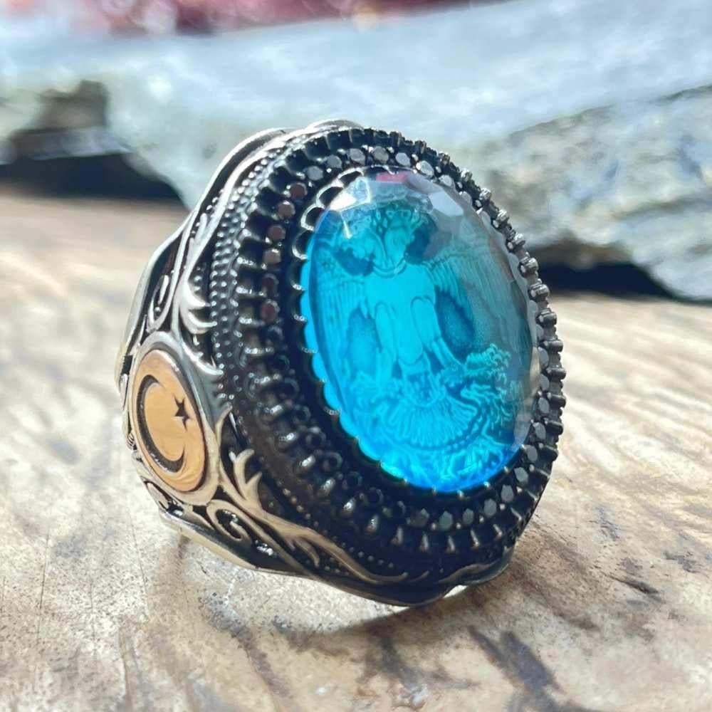 Ay Yıldız Turkuaz Taş İçi Çift Başlı Kartal Gümüş YüzükÇift Başlı Kartal Selçuklu Yüzük