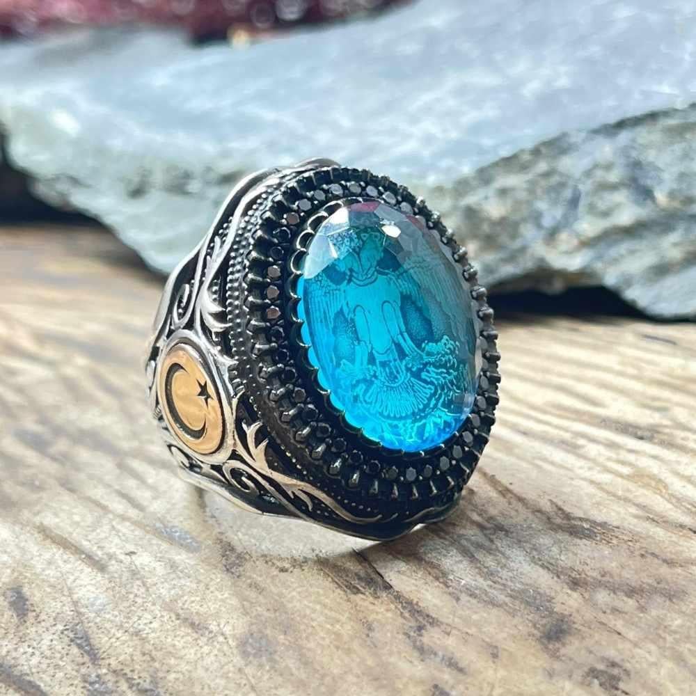 Ay Yıldız Turkuaz Taş İçi Çift Başlı Kartal Gümüş YüzükÇift Başlı Kartal Selçuklu Yüzük