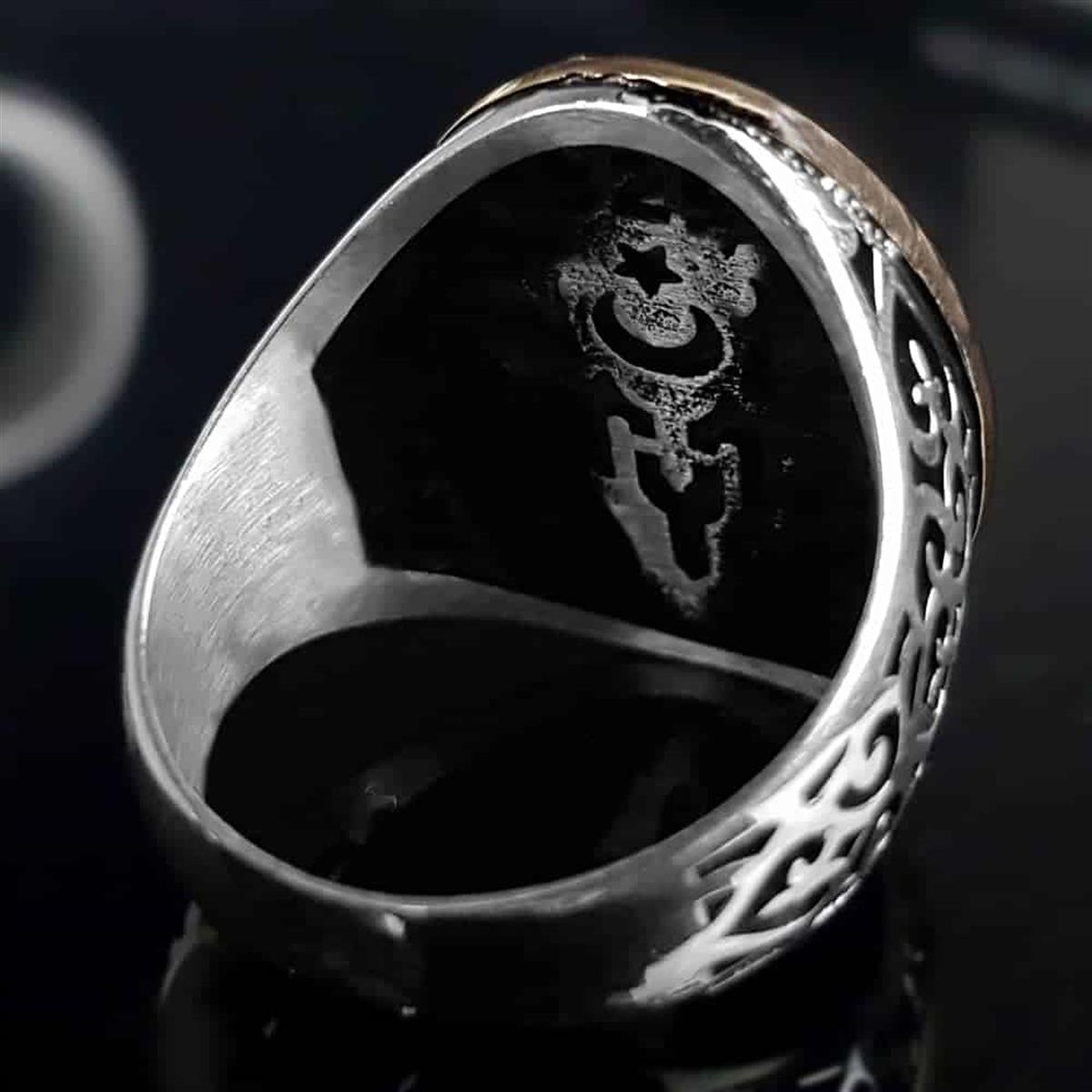 Ay Yıldız Üzeri Kelime-i Tevhid Kenarları Motif İşlemeli Yüzük