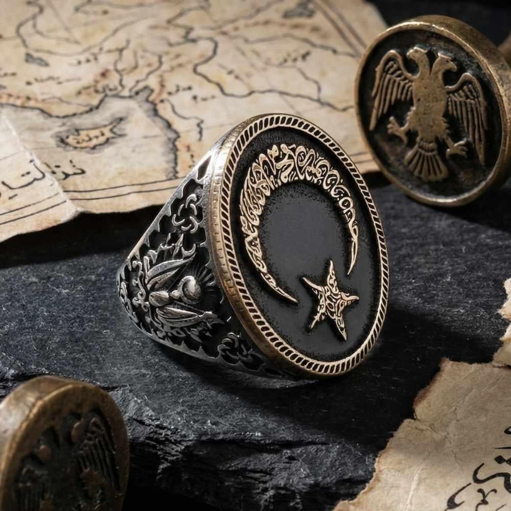 Ay Yıldız Üzeri Kelime-i Tevhid Kenarları Armalı Gümüş YüzükAy Yıldız Yüzükler