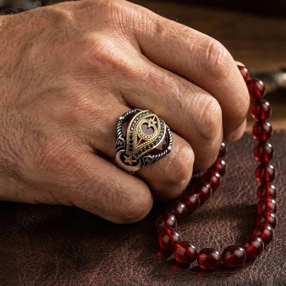 Ay Yıldız Zirkon Taşlı Gümüş Erkek Yüzük KırmızıZirkon Taşlı Yüzükler