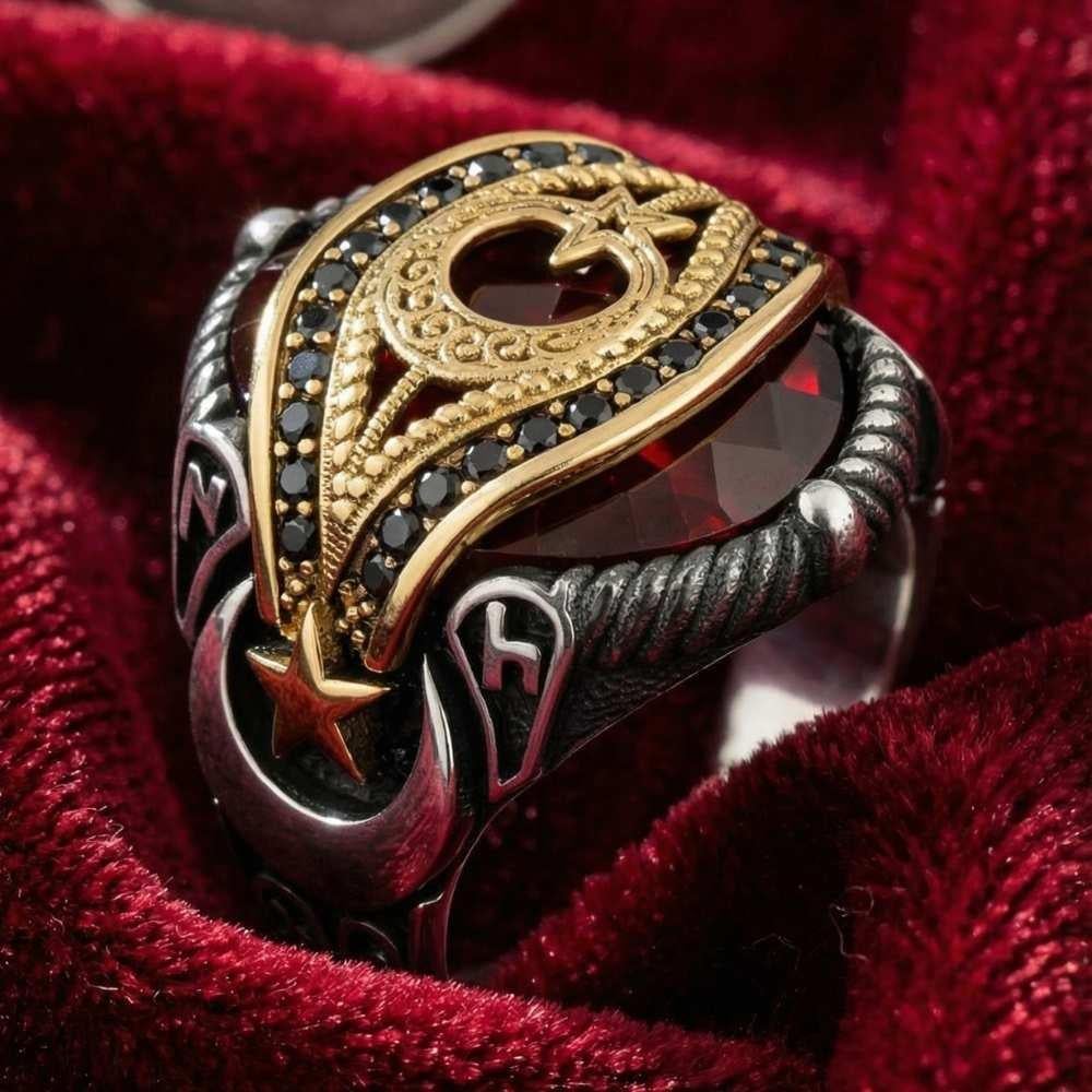 Ay Yıldız Zirkon Taşlı Gümüş Erkek Yüzük KırmızıZirkon Taşlı Yüzükler