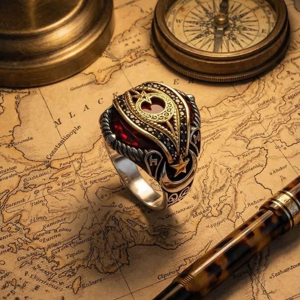 Ay Yıldız Zirkon Taşlı Gümüş Erkek Yüzük KırmızıZirkon Taşlı Yüzükler