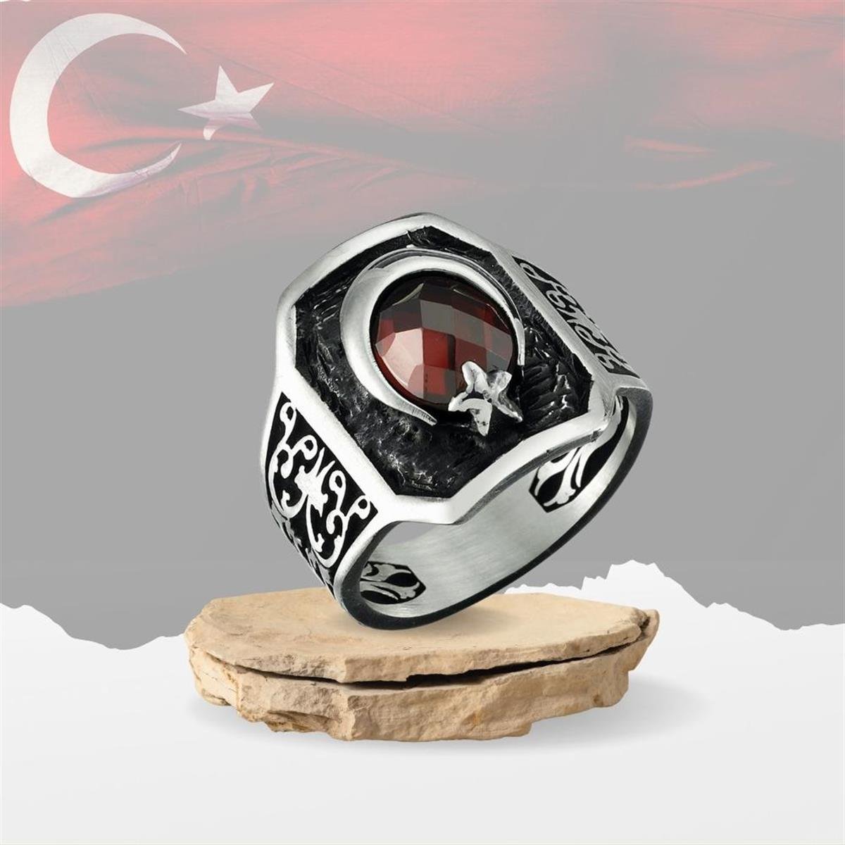 Ay Yıldız Zirkon Taşlı Gümüş Yüzük