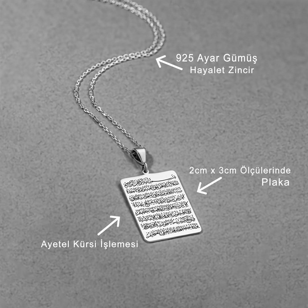 Ayetel Kürsi İşlemeli Gümüş Tabla Kolye