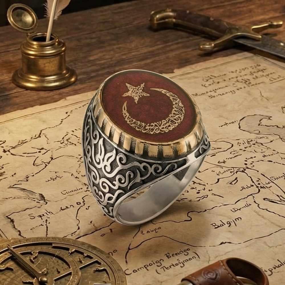 Ayyıldız İçerisi Kelime-i Tevhid Yazısı İşlemeli Gümüş YüzükKelime-i Tevhid Yüzük