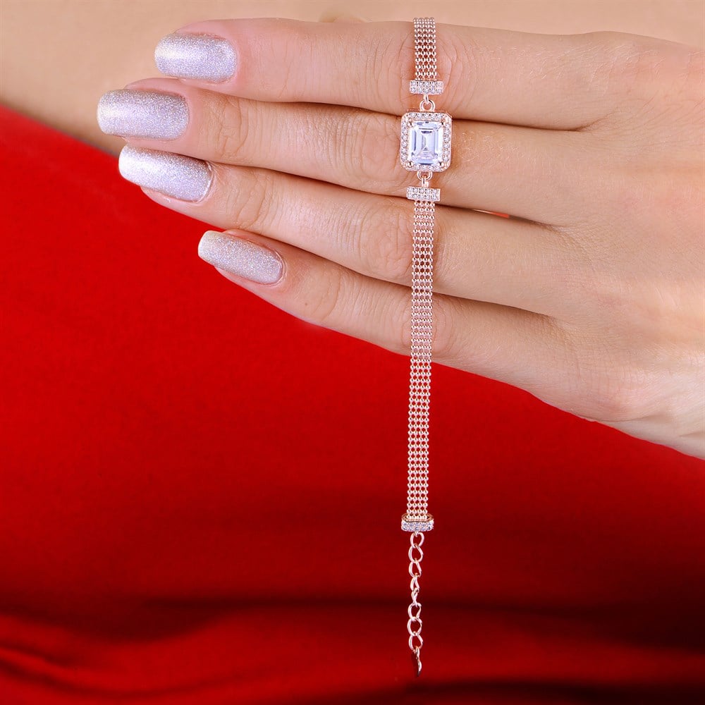 Baget Taş Detaylı Kadın Gümüş Bileklik Rose