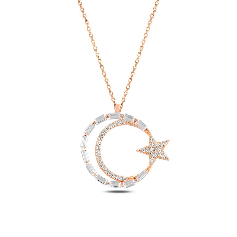 Baget Taşlı Ay Yıldız Model Bayan Gümüş Kolye