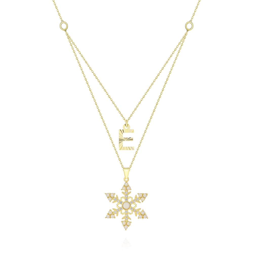 Baş Harfli Opal Taşlı Kar Tanesi Gümüş Kolye Gold