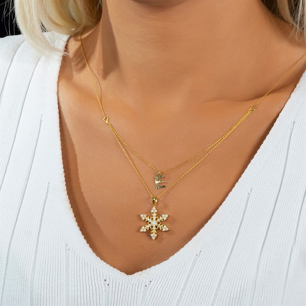 Baş Harfli Opal Taşlı Kar Tanesi Gümüş Kolye Gold