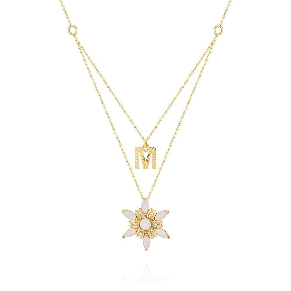 Baş Harfli Rüzgar Çiçeği Opal Gümüş Kolye Gold