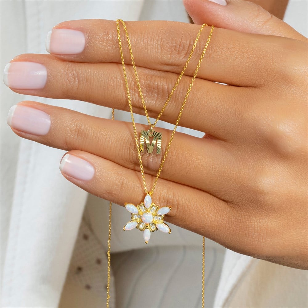 Baş Harfli Rüzgar Çiçeği Opal Gümüş Kolye Gold