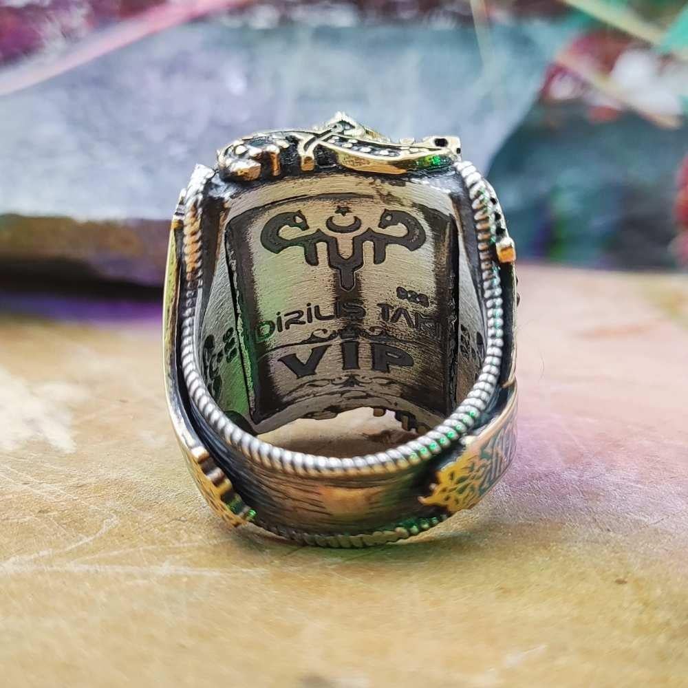 Beyaz Üzeri Yeşil Osmanlı Tuğrası Gümüş YüzükTuğra Yüzük