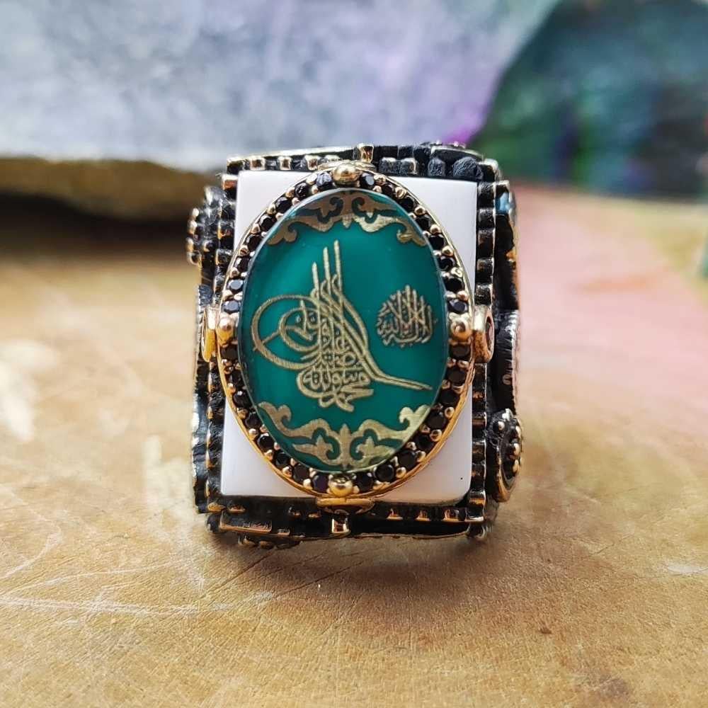 Beyaz Üzeri Yeşil Osmanlı Tuğrası Gümüş YüzükTuğra Yüzük