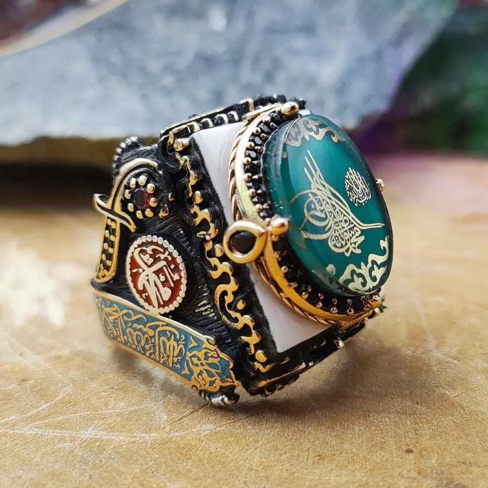 Beyaz Üzeri Yeşil Osmanlı Tuğrası Gümüş YüzükTuğra Yüzük