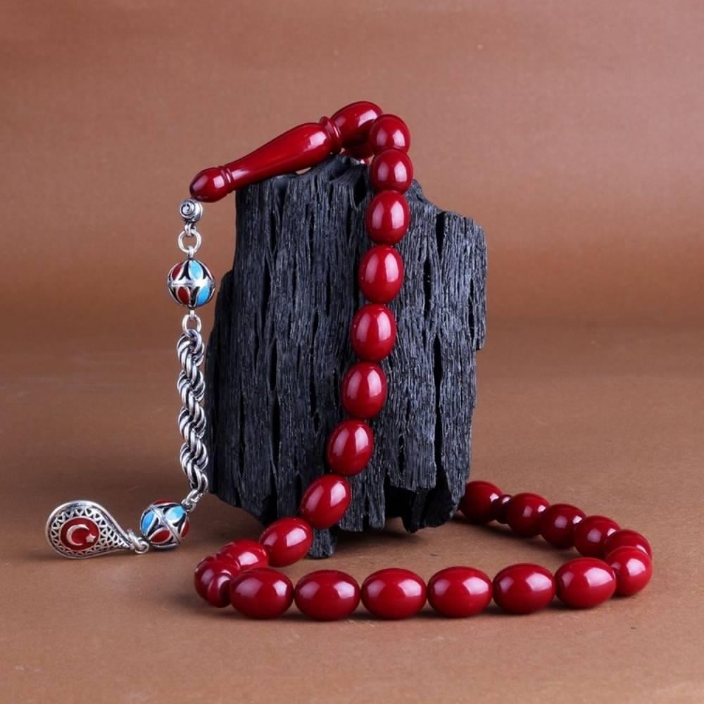 Bordo Mavi Ateş Kehribar Tesbih Ay Yıldız Bileklik KombiniKombin