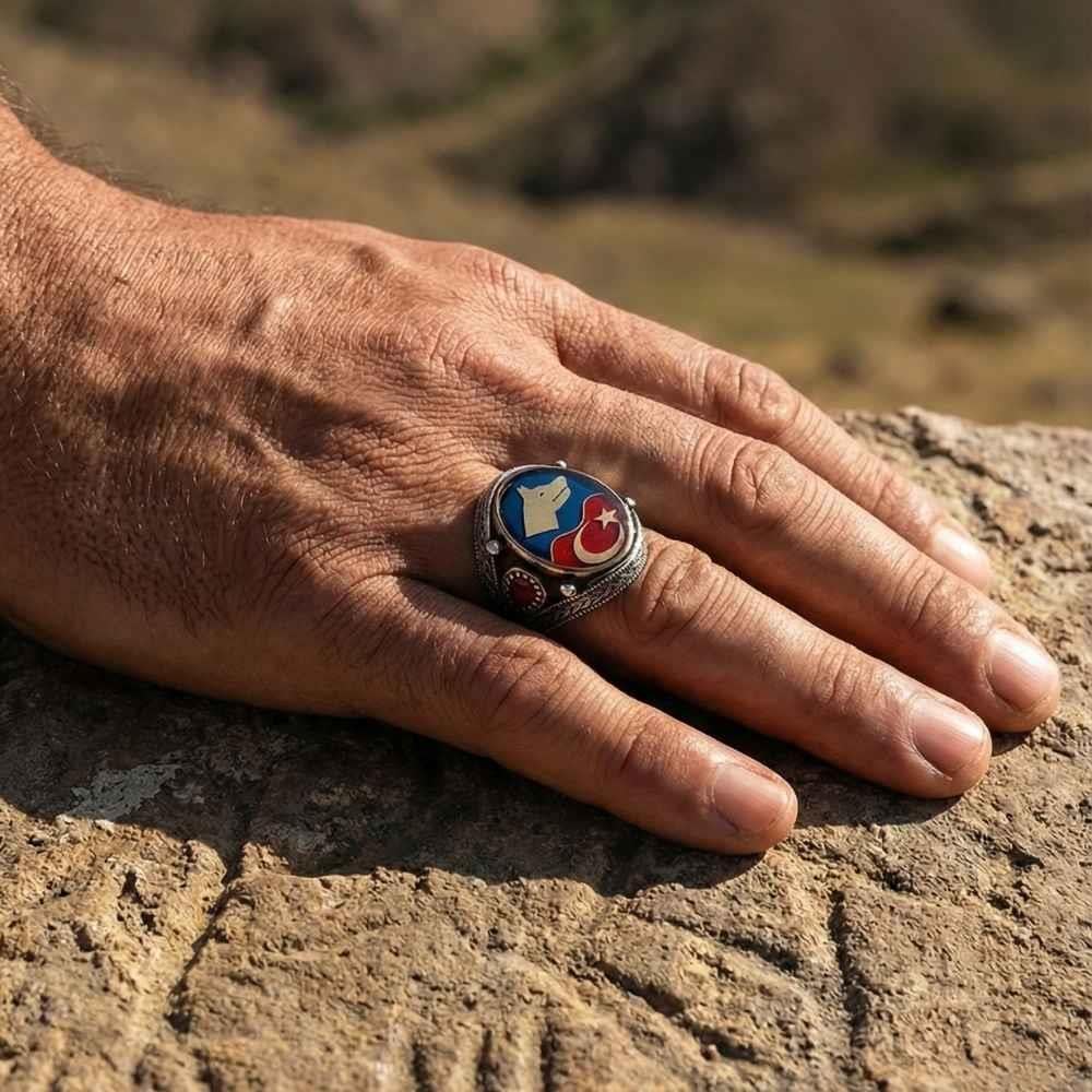 Bozkurt Ay Yıldız İşlemeli Gümüş Erkek YüzükBozkurt Yüzükleri