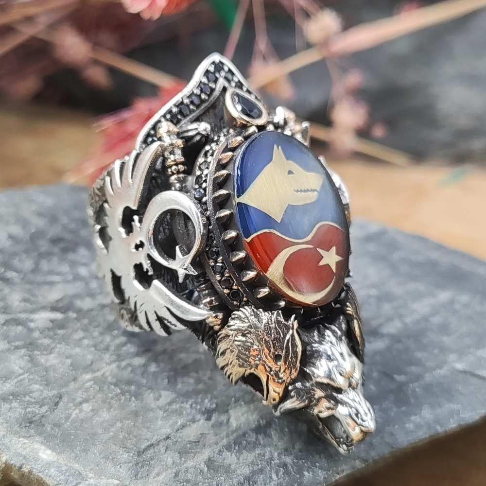 Bozkurt Ay Yıldız İşlemeli Gümüş Zihgir YüzükBaşparmak & Zihgir Yüzükleri