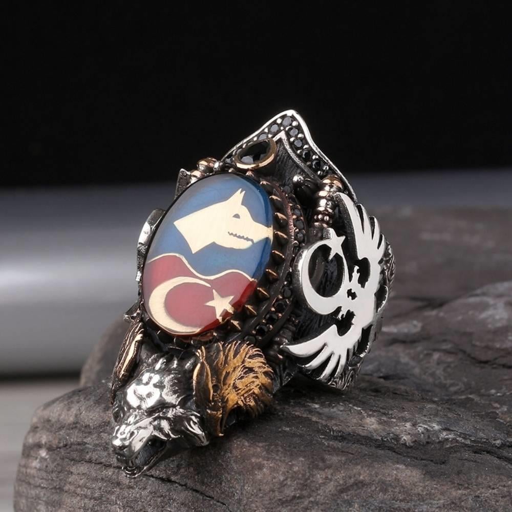 Bozkurt Ay Yıldız İşlemeli Gümüş Zihgir YüzükBaşparmak & Zihgir Yüzükleri