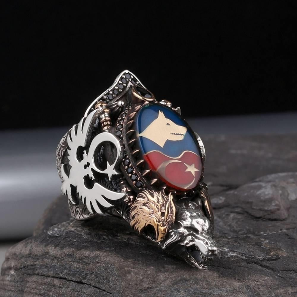 Bozkurt Ay Yıldız İşlemeli Gümüş Zihgir YüzükBaşparmak & Zihgir Yüzükleri