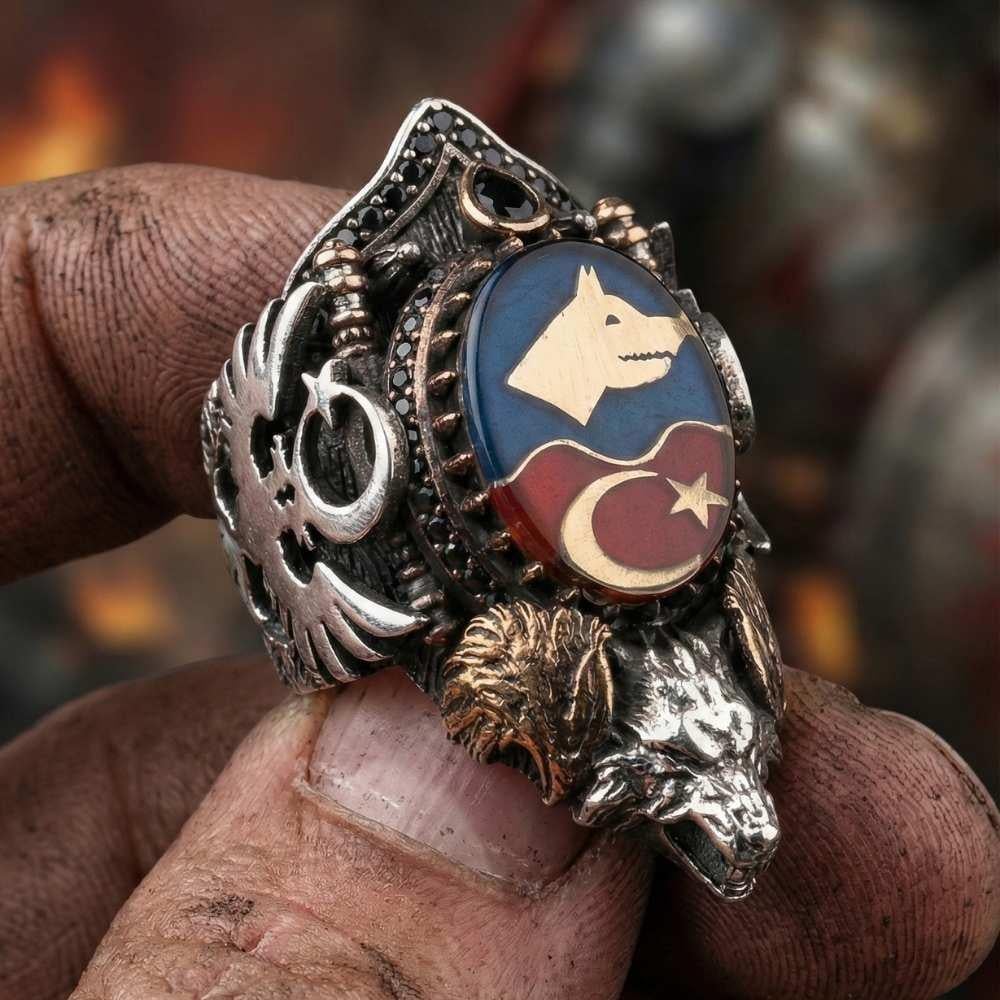 Bozkurt Ay Yıldız İşlemeli Gümüş Zihgir YüzükBaşparmak & Zihgir Yüzükleri