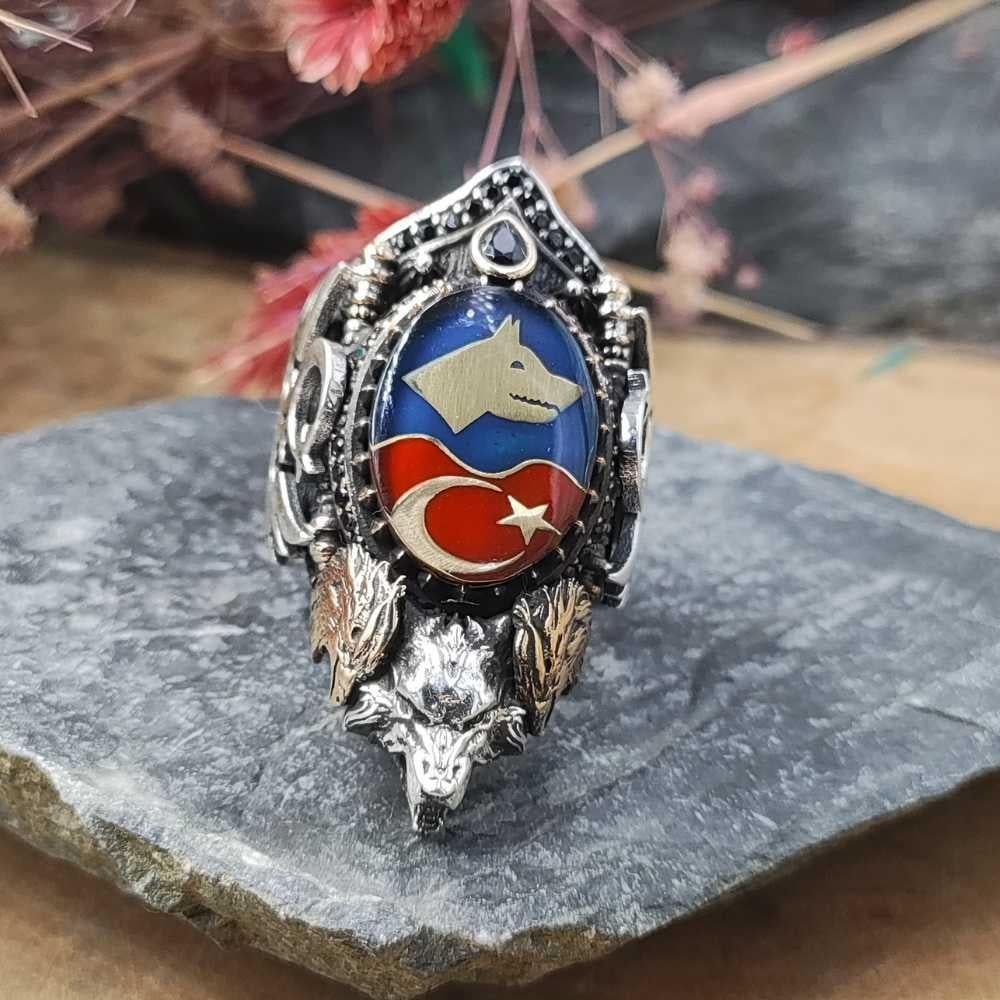 Bozkurt Ay Yıldız İşlemeli Gümüş Zihgir YüzükBaşparmak & Zihgir Yüzükleri