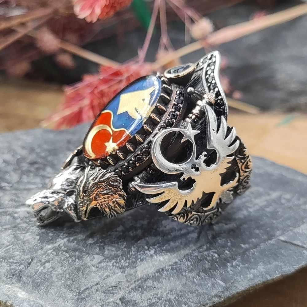 Bozkurt Ay Yıldız İşlemeli Gümüş Zihgir YüzükBaşparmak & Zihgir Yüzükleri