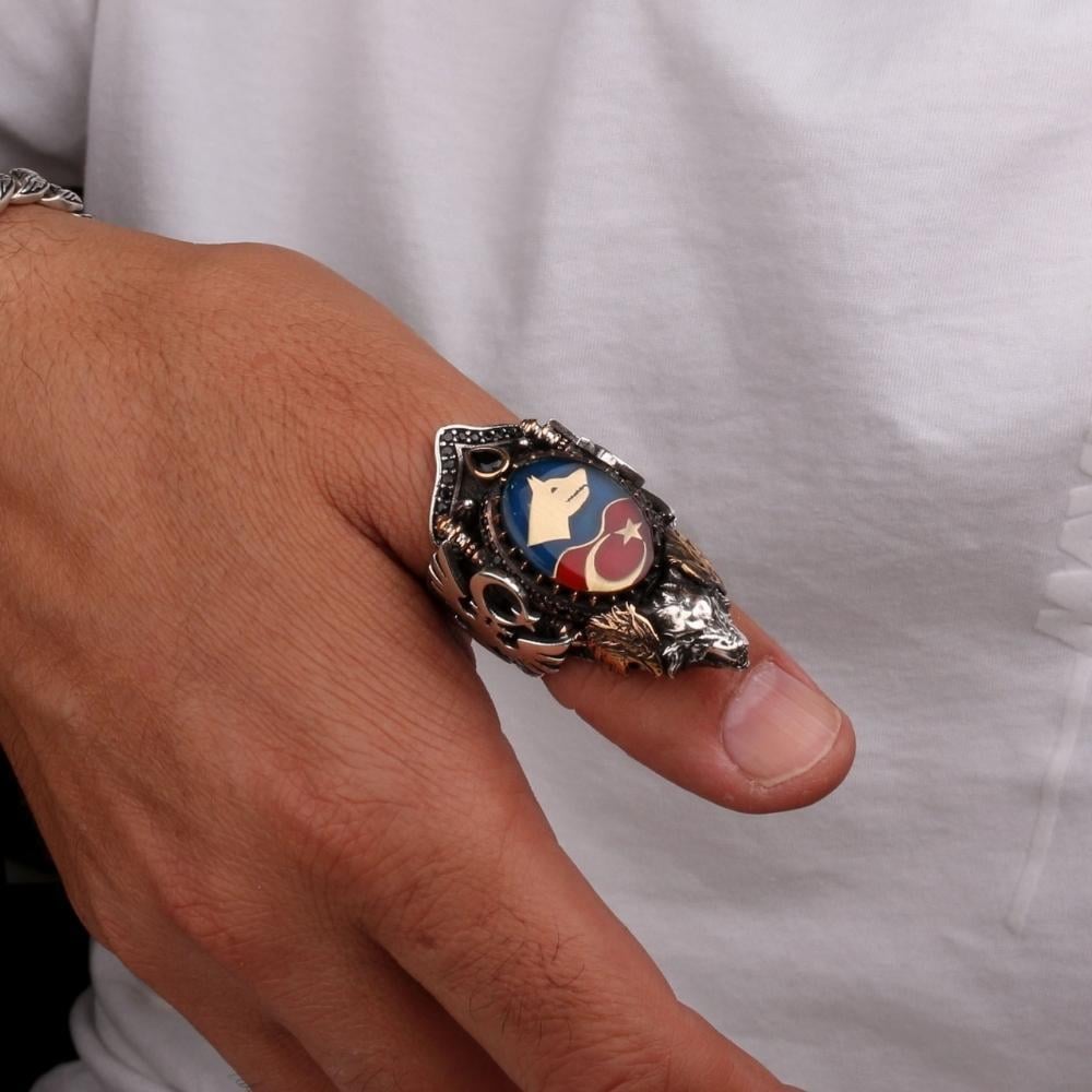 Bozkurt Ay Yıldız İşlemeli Gümüş Zihgir YüzükBaşparmak & Zihgir Yüzükleri