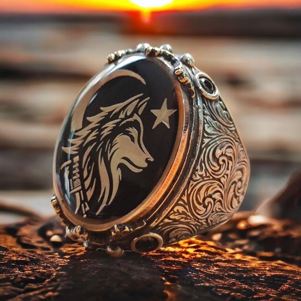 Bozkurt Ay Yıldız Kalem İşlemeli Gümüş Yüzük