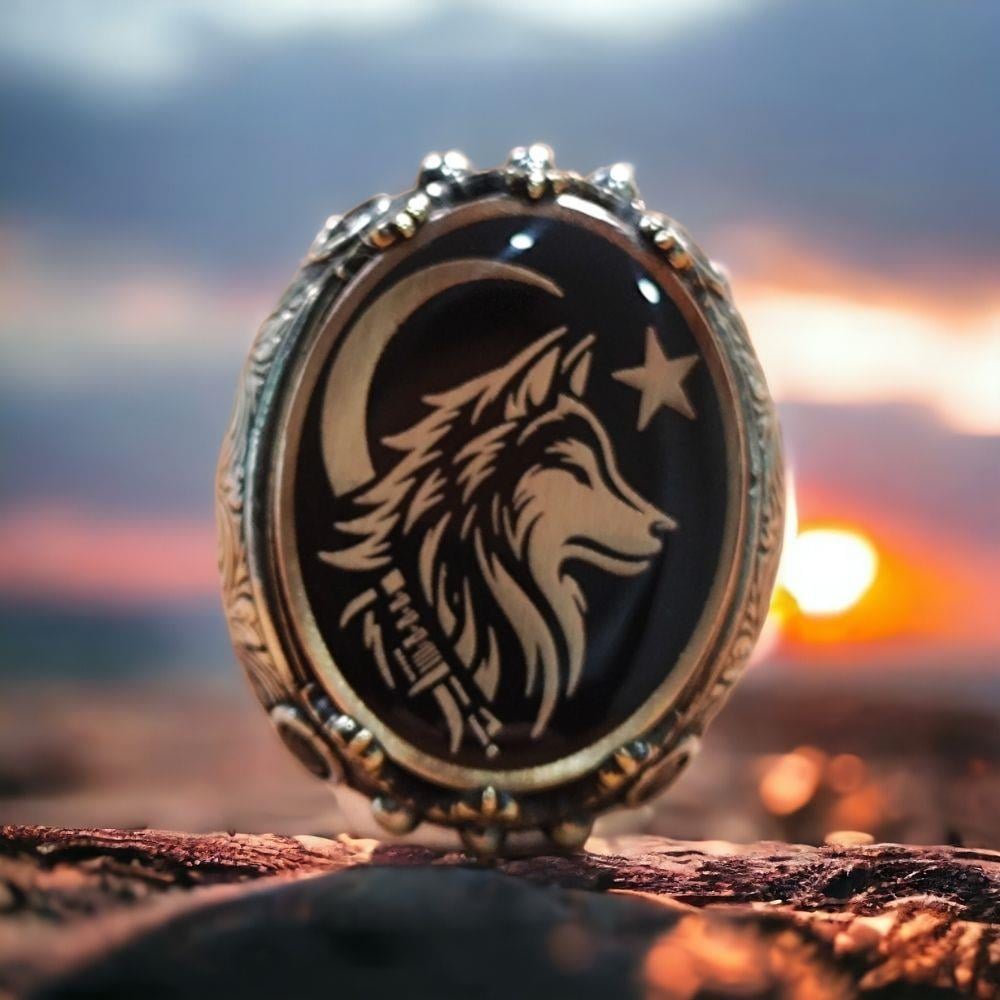 Bozkurt Ay Yıldız Kalem İşlemeli Gümüş Yüzük