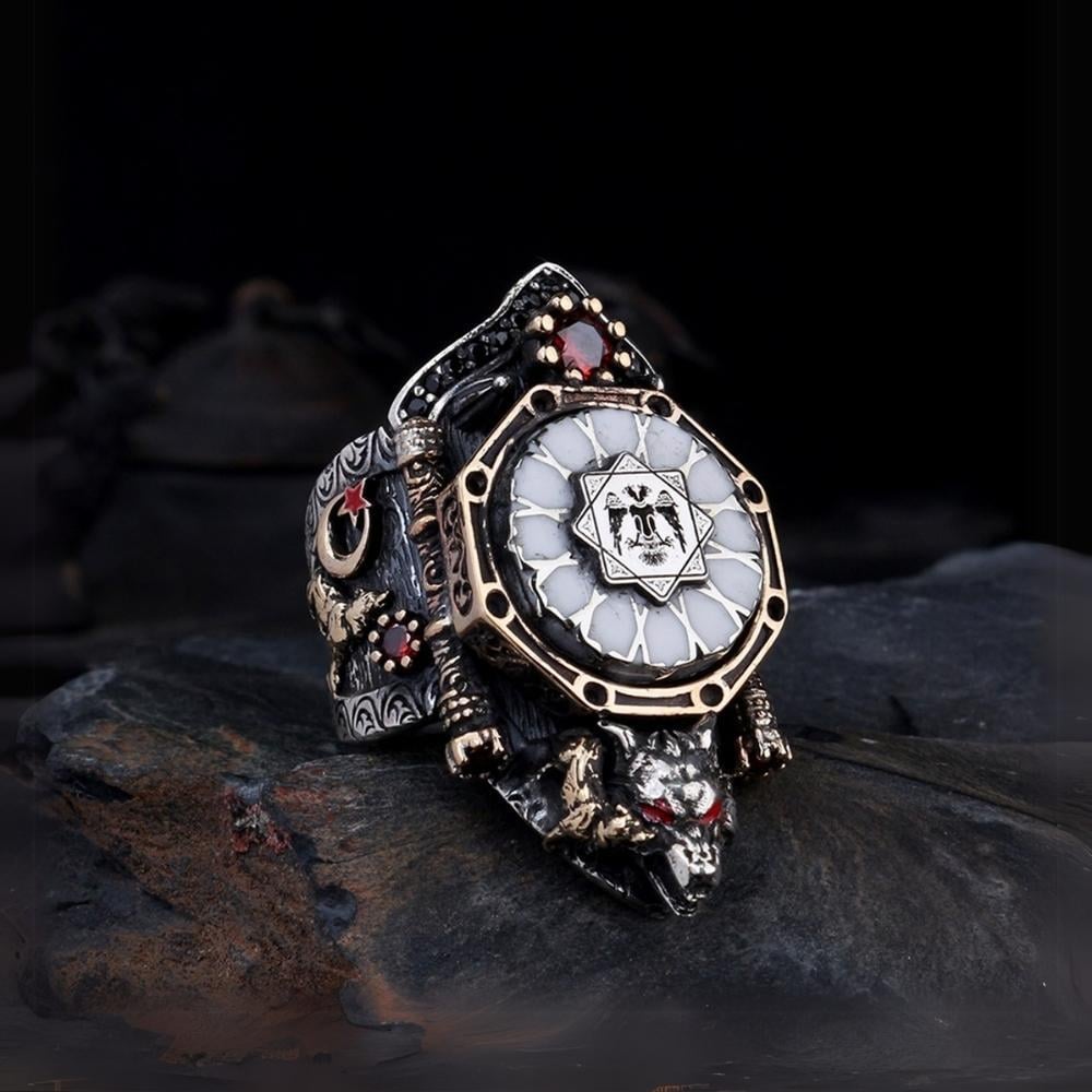 Bozkurt Çift Başlı Kartal Gümüş Zihgir Gümüş YüzükBaşparmak & Zihgir Yüzükleri