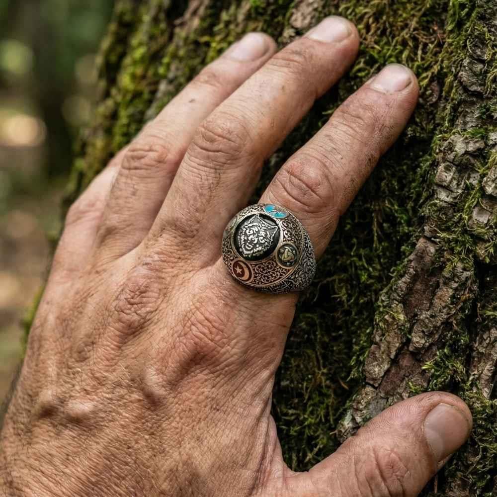 Bozkurt Figürlü Osmanlı Kalem İşlemeli Gümüş YüzükBozkurt Yüzükleri