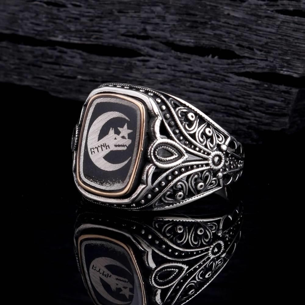 Bozkurt Göktürkçe Türk Damla Taşlı Gümüş YüzükBozkurt Yüzükleri