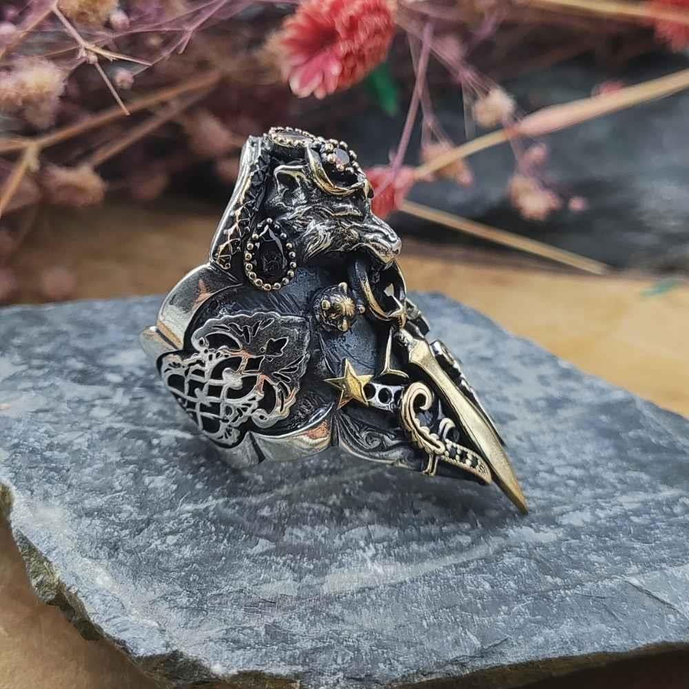 Bozkurt Kılıç Ay Yıldız İşlemeli Gümüş Zihgir YüzükBaşparmak & Zihgir Yüzükleri