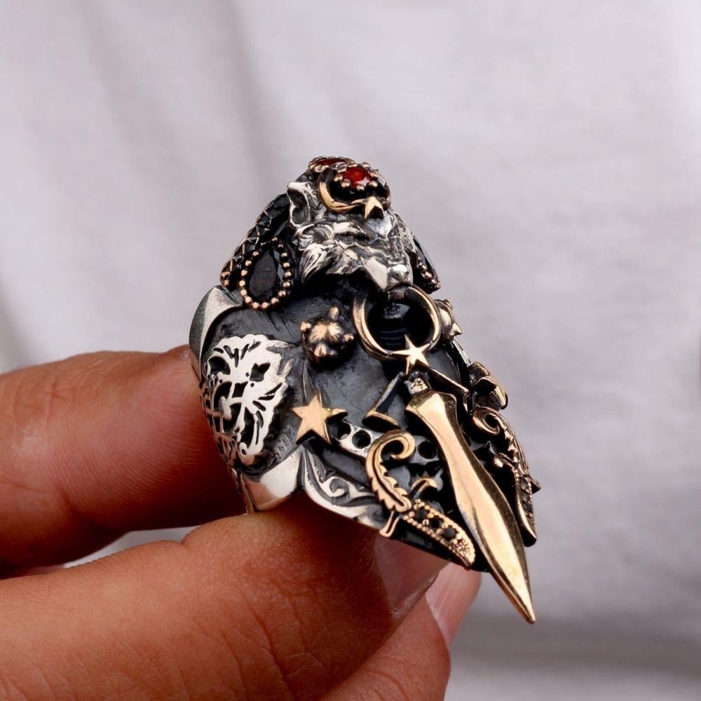 Bozkurt Kılıç Ay Yıldız İşlemeli Gümüş Zihgir YüzükBaşparmak & Zihgir Yüzükleri