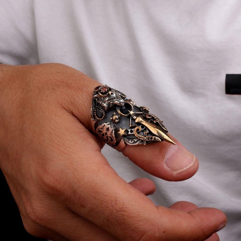 Bozkurt Kılıç Ay Yıldız İşlemeli Gümüş Zihgir YüzükBaşparmak & Zihgir Yüzükleri