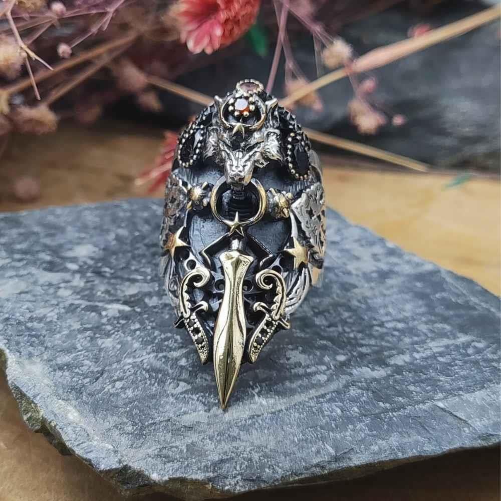 Bozkurt Kılıç Ay Yıldız İşlemeli Gümüş Zihgir YüzükBaşparmak & Zihgir Yüzükleri