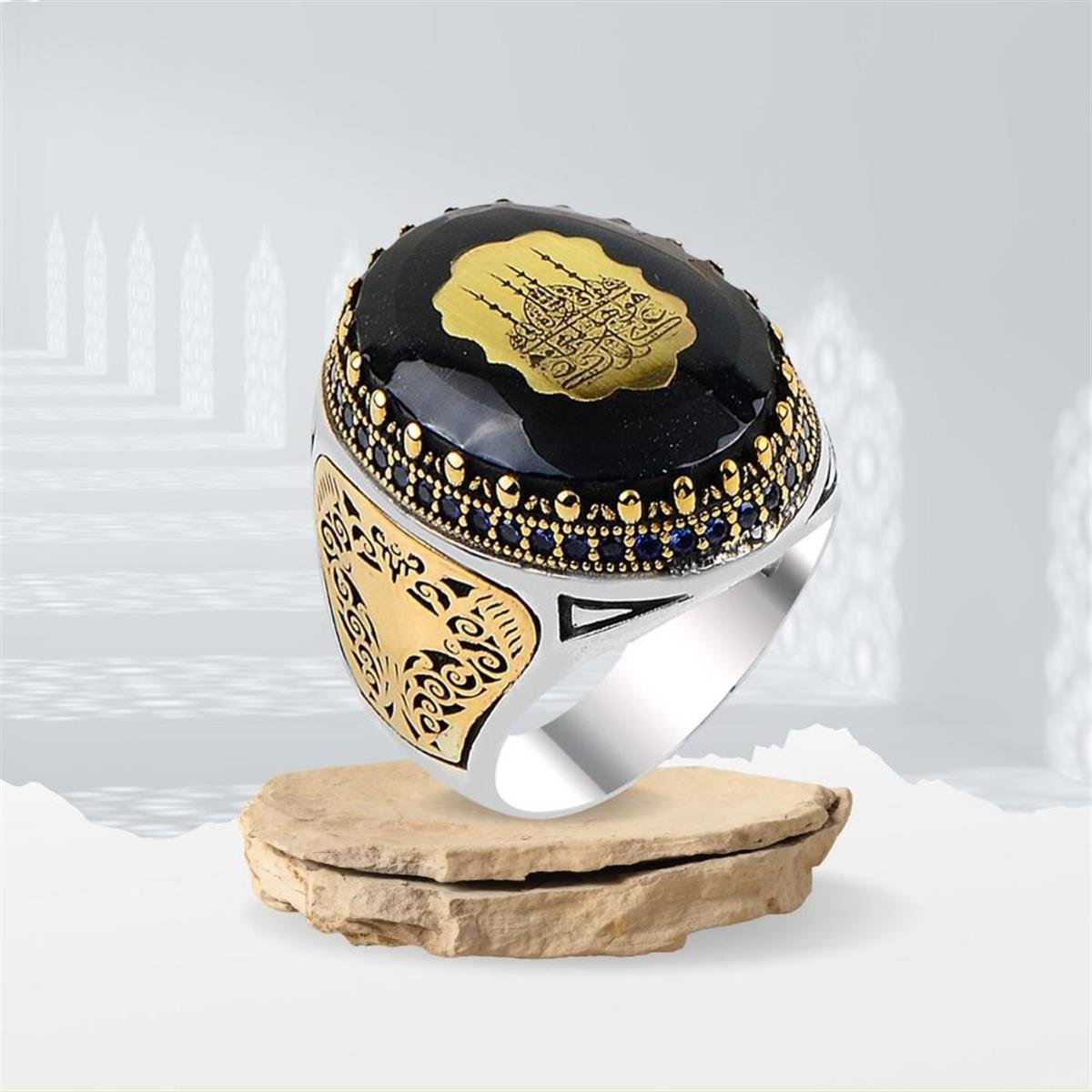 Cami Motifli Oval Kehribar Taşlı Gümüş Yüzük