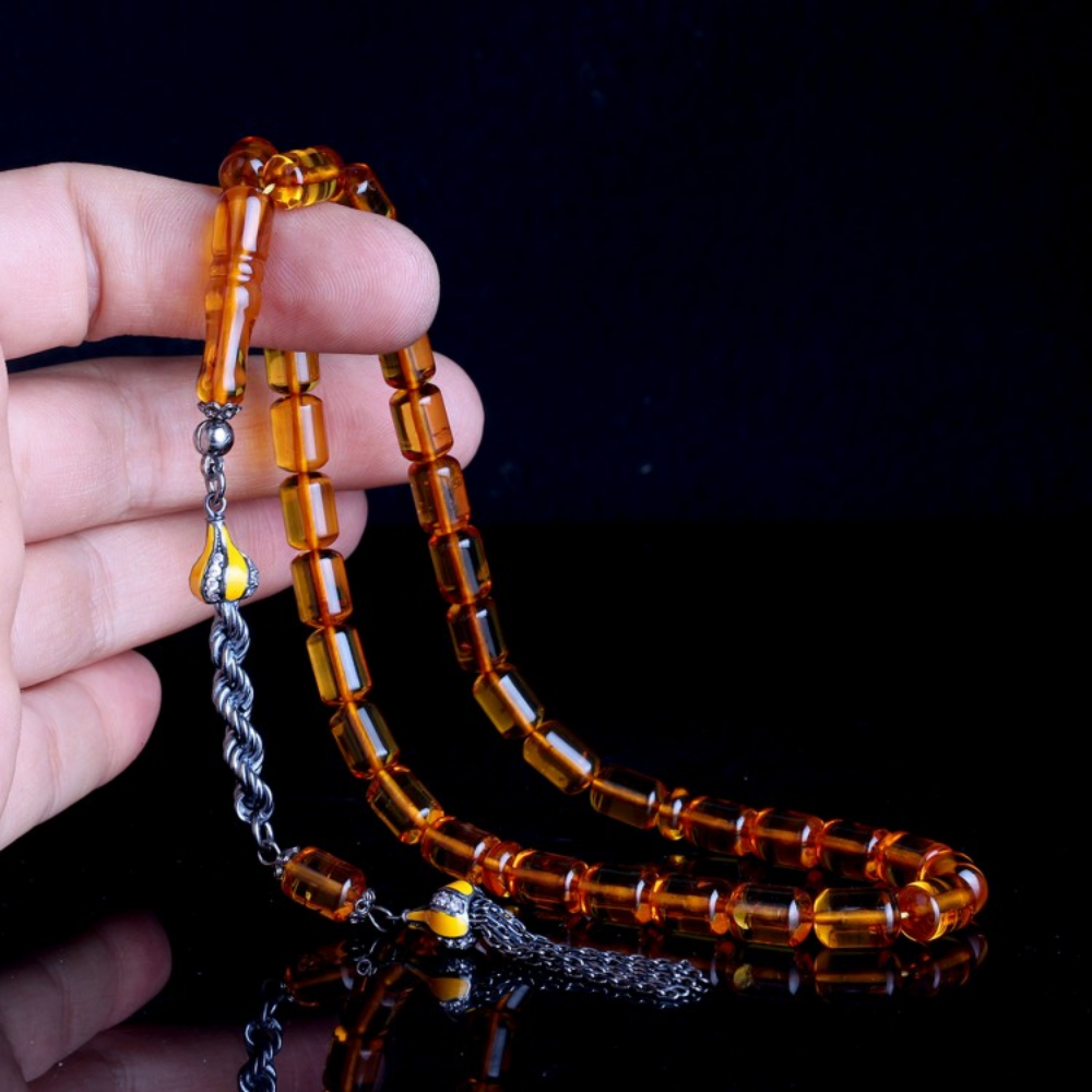 Çay Rengi Kapsül Kesim Gümüş Püsküllü Damla Kehribar Tesbih