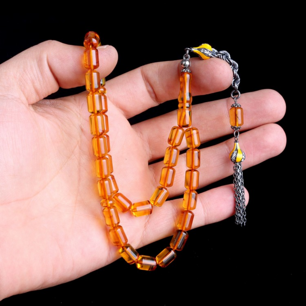 Çay Rengi Kapsül Kesim Gümüş Püsküllü Damla Kehribar Tesbih