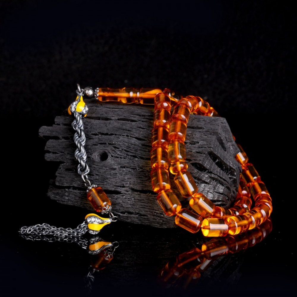 Çay Rengi Kapsül Kesim Gümüş Püsküllü Damla Kehribar Tesbih