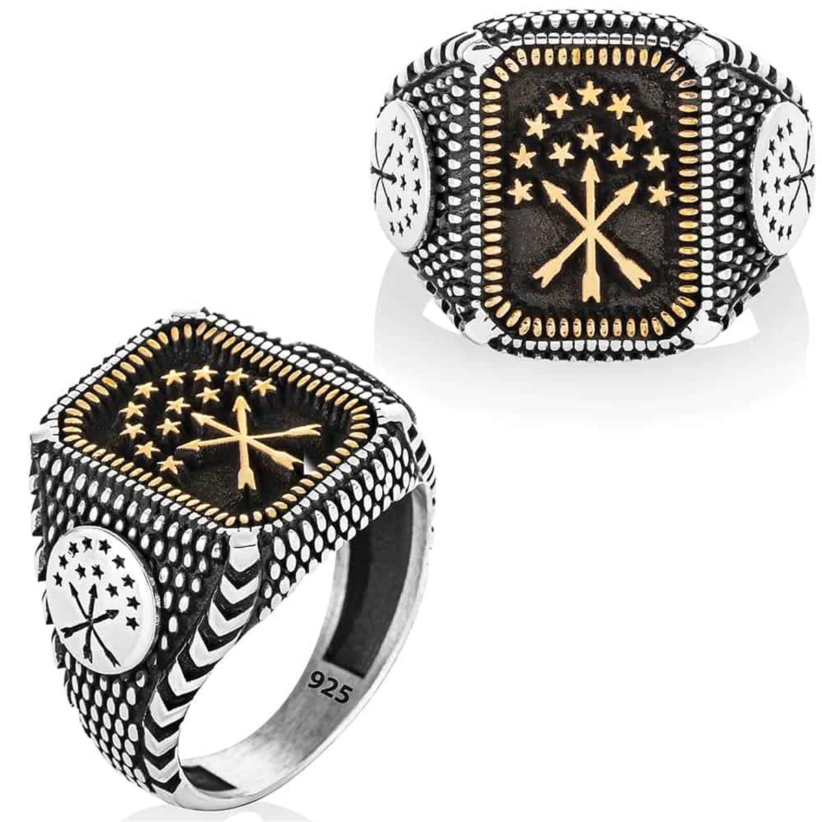 Çerkes Bayrağı Gold Motifli Gümüş Yüzük