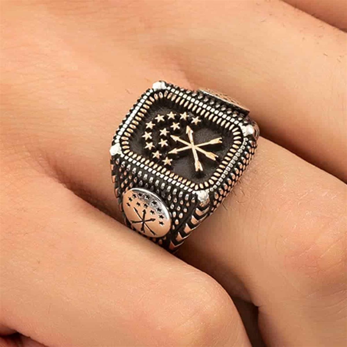 Çerkes Bayrağı Gold Motifli Gümüş Yüzük