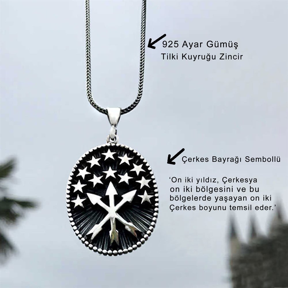 Çerkes Bayrağı Sembollü Üç Boyutlu Gümüş Kolye