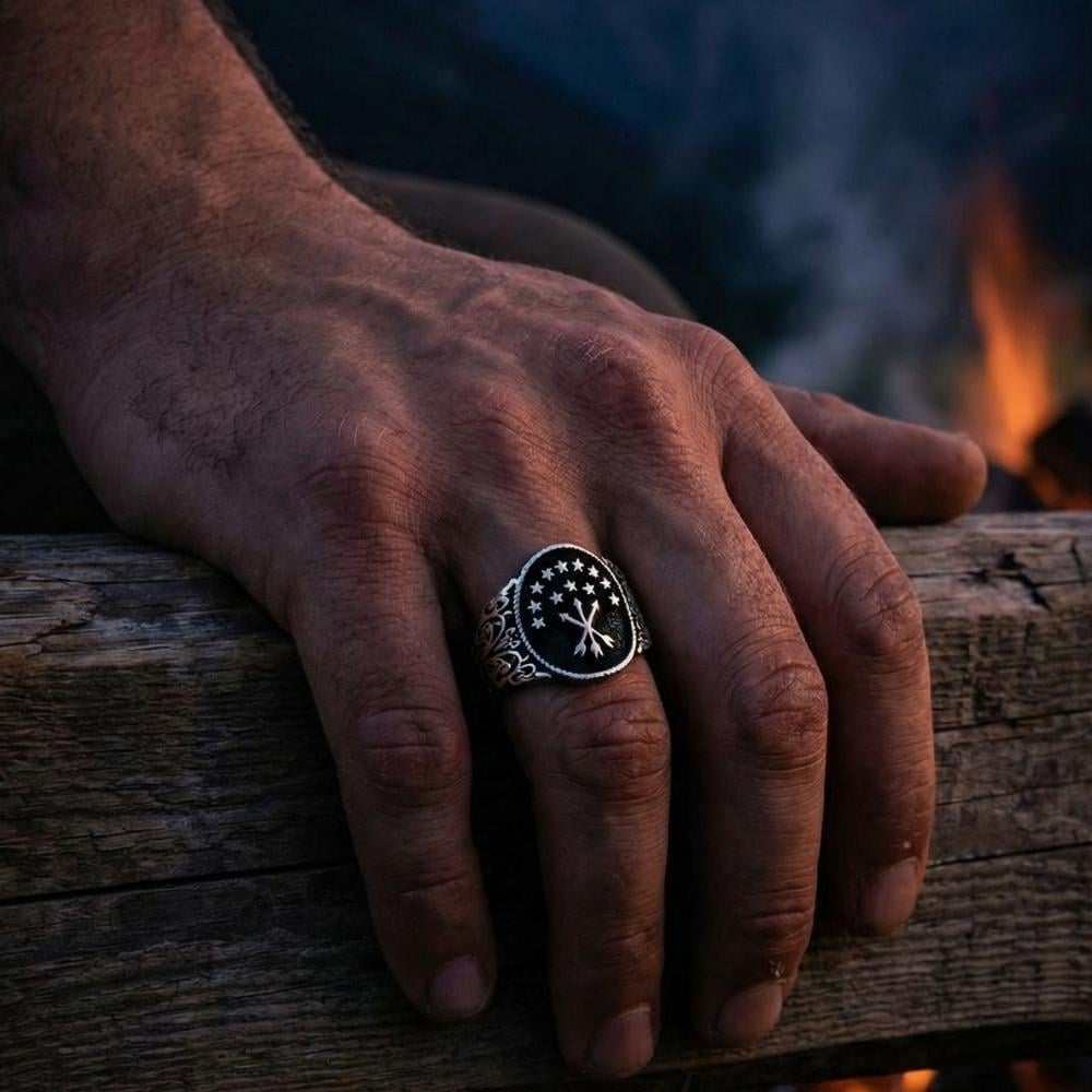 Çerkes Bayrağı Siyah Zeminli Gümüş YüzükÇerkes Yüzükleri