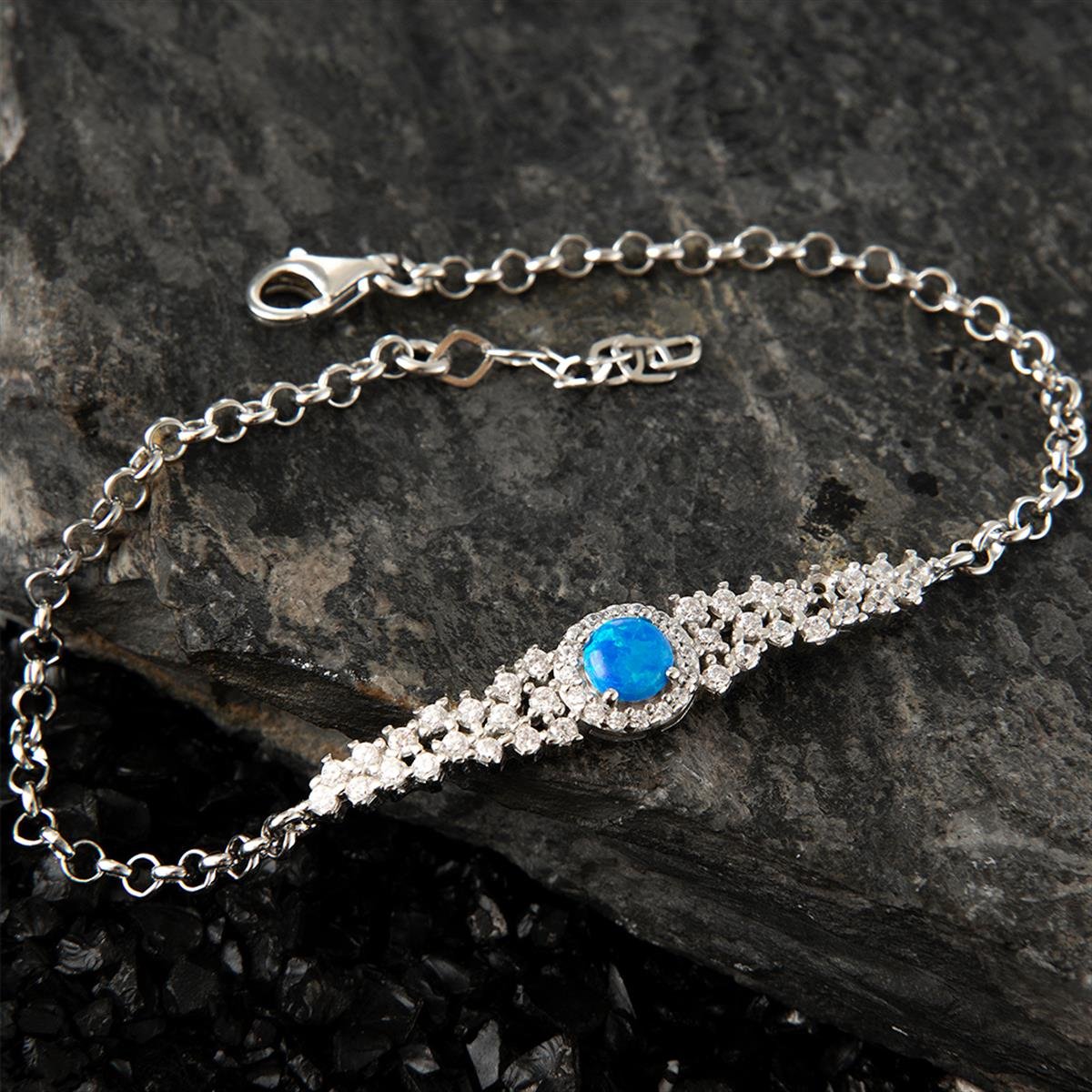 Çiçek Desen Mavi Opal Taşlı Gümüş Bileklik