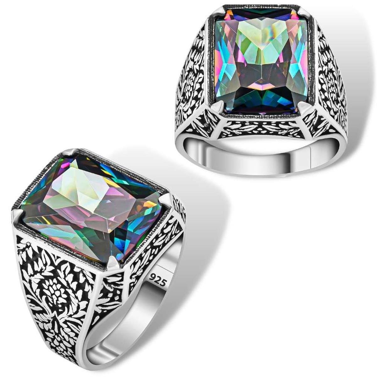 Çiçek Desen Mistik Topaz Taşlı Gümüş Erkek Yüzük