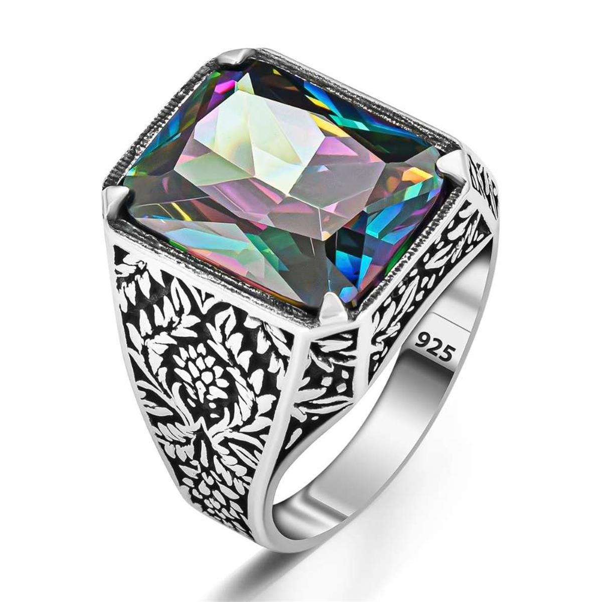 Çiçek Desen Mistik Topaz Taşlı Gümüş Erkek Yüzük